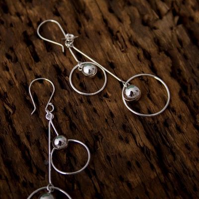 Alternate image for Sterling Silver Hoop Dangle Earrings by Mexican Artisans Satellite Spheres