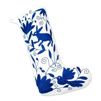 Alternate image for Blue Tenango Embroidered Christmas Stocking From Mexico Tenango Boot in Blue