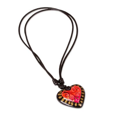 Alternate image for Papier Mache Adjustable Red Heart Golden Trim Necklace Gold Kissed Heart