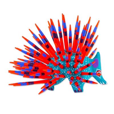 Alternate image for Hand-Painted Wood Alebrije Porcupine Figurine in Turquoise Cute Porcupine in Turquoise