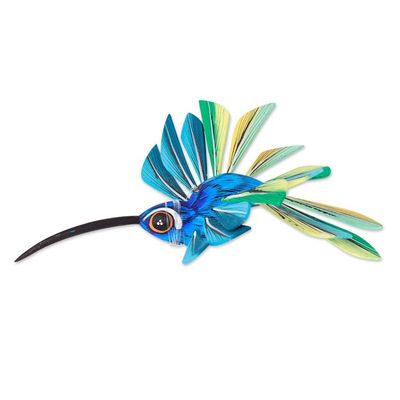 Alternate image for Wood Hanging Alebrije Hummingbird Sculpture in Blue Cheerful Hummingbird