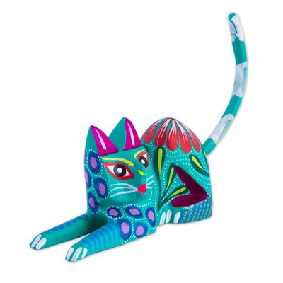 Alternate image for Copal Wood Alebrije Cat Sculpture in Teal from Mexico Excited Cat in Teal