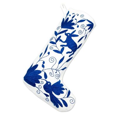 Alternate image for Blue Tenango Embroidered Christmas Stocking From Mexico Tenango Boot in Blue