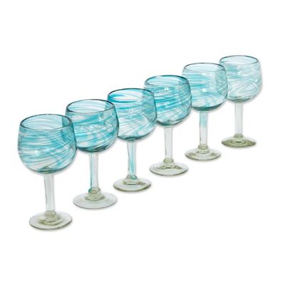 Alternate image for Set of 6 Recycled Hand Blown Aqua Wine Glasses from Mexico Elegant Aqua Swirl