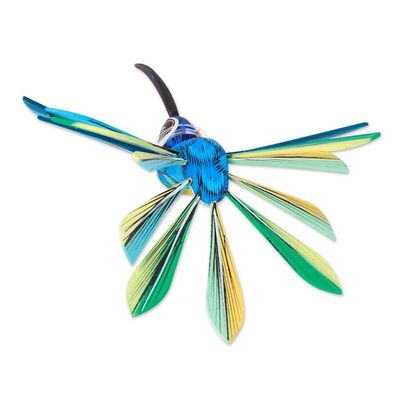 Alternate image for Wood Hanging Alebrije Hummingbird Sculpture in Blue Cheerful Hummingbird