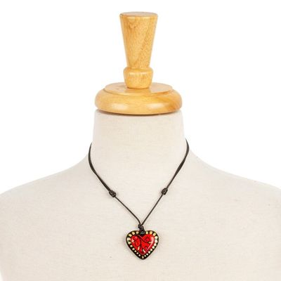 Alternate image for Papier Mache Adjustable Red Heart Golden Trim Necklace Gold Kissed Heart