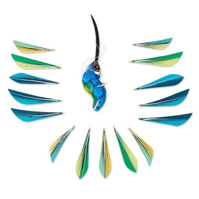 Alternate image for Wood Hanging Alebrije Hummingbird Sculpture in Blue Cheerful Hummingbird