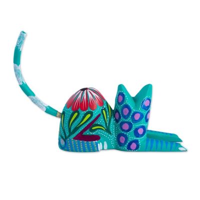 Alternate image for Copal Wood Alebrije Cat Sculpture in Teal from Mexico Excited Cat in Teal