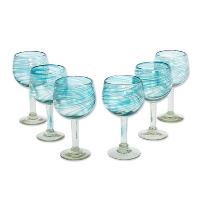 Alternate image for Set of 6 Recycled Hand Blown Aqua Wine Glasses from Mexico Elegant Aqua Swirl