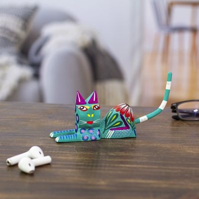 Alternate image for Copal Wood Alebrije Cat Sculpture in Teal from Mexico Excited Cat in Teal