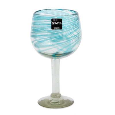 Alternate image for Set of 6 Recycled Hand Blown Aqua Wine Glasses from Mexico Elegant Aqua Swirl