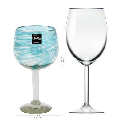 Alternate image for Set of 6 Recycled Hand Blown Aqua Wine Glasses from Mexico Elegant Aqua Swirl
