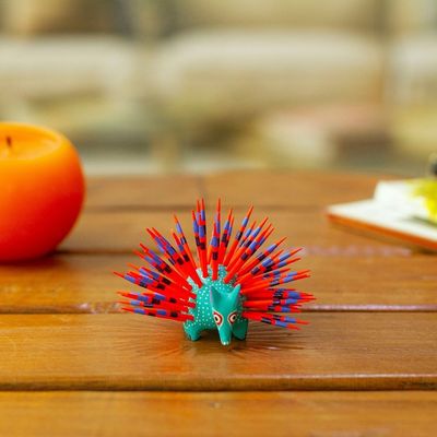 Alternate image for Hand-Painted Wood Alebrije Porcupine Figurine in Turquoise Cute Porcupine in Turquoise
