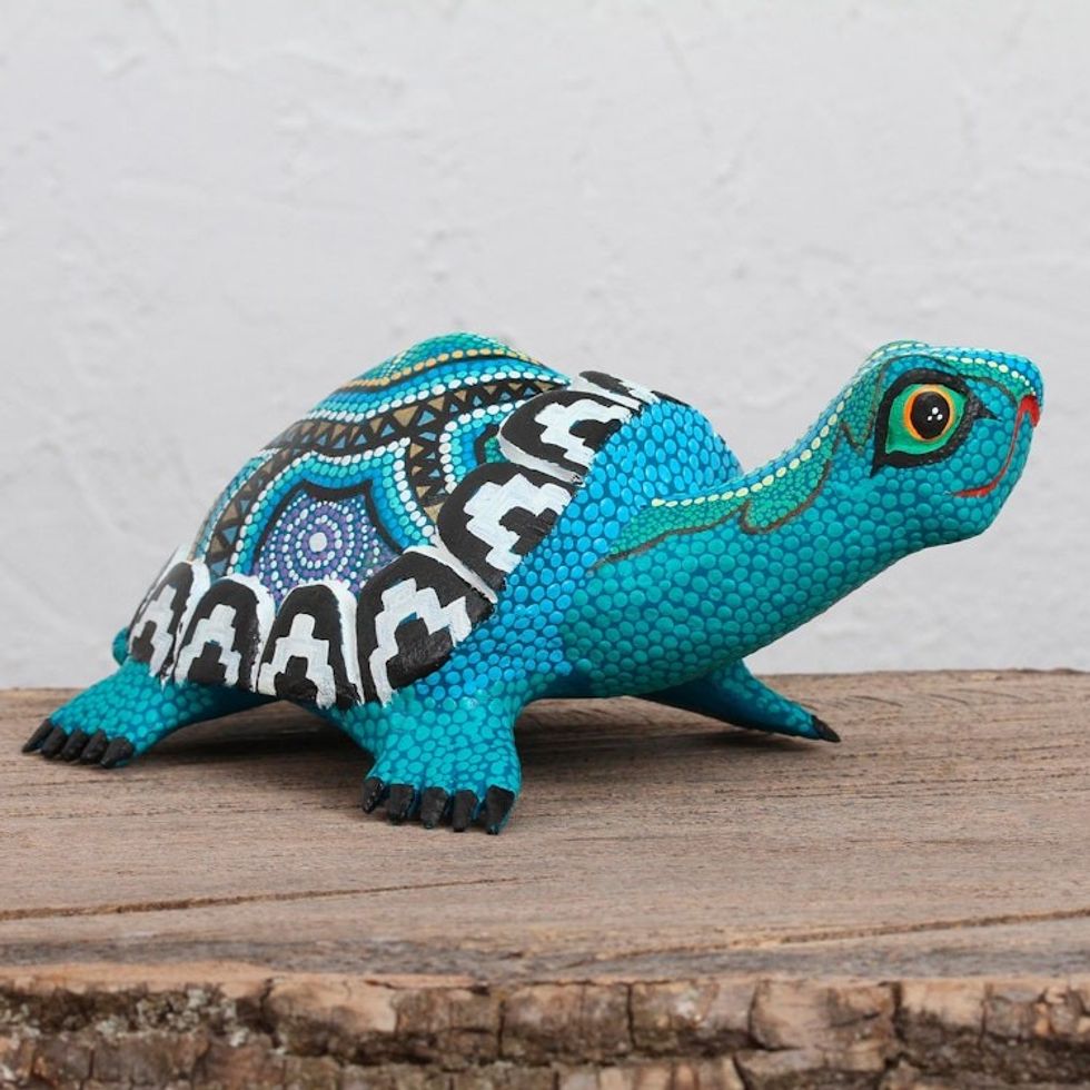 Wood Alebrije Tortoise Sculpture in Blue from Mexico 'Blue Tortoise'