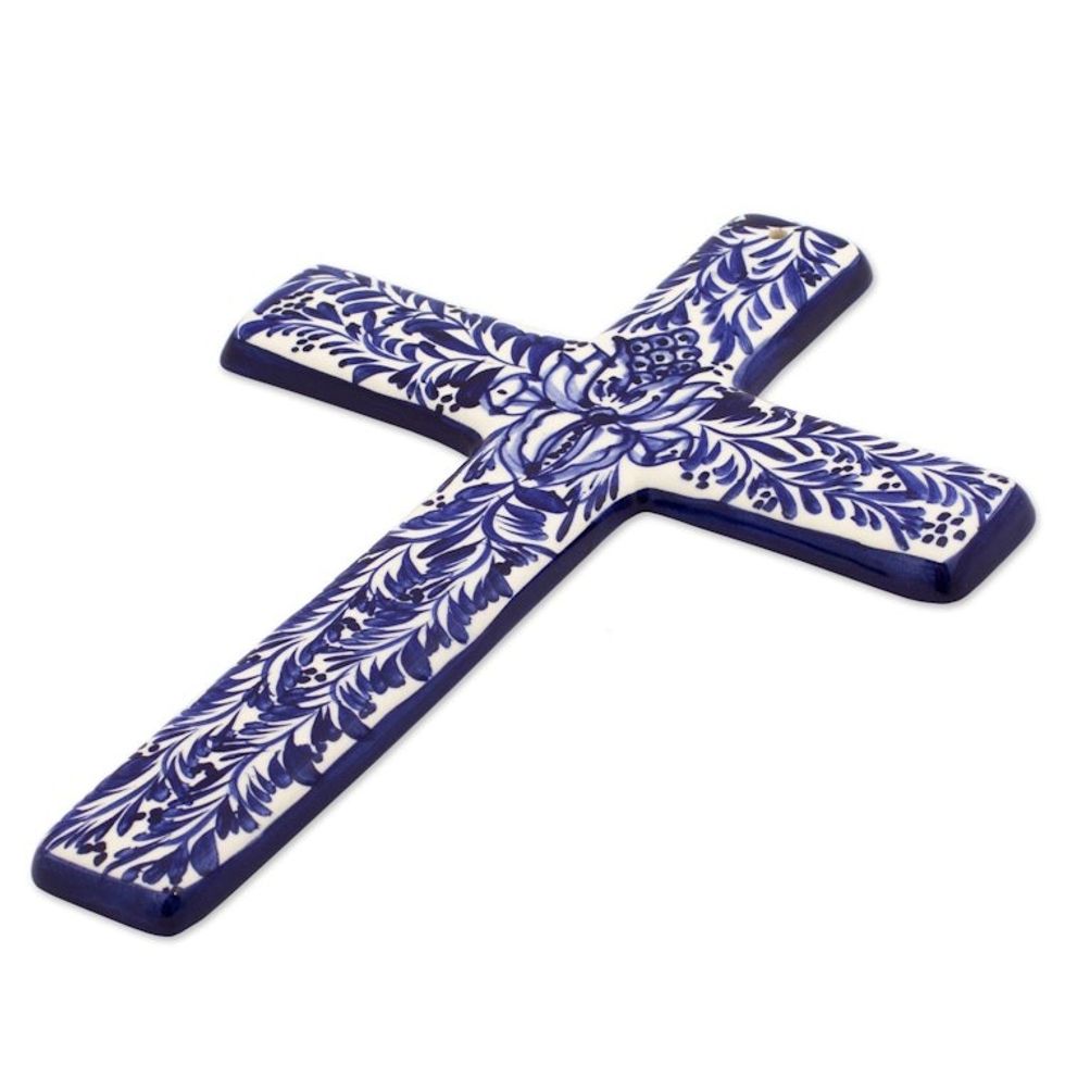 Blue and Ivory Artisan Crafted Ceramic Mexican Wall Cross 'Blue Leaves'