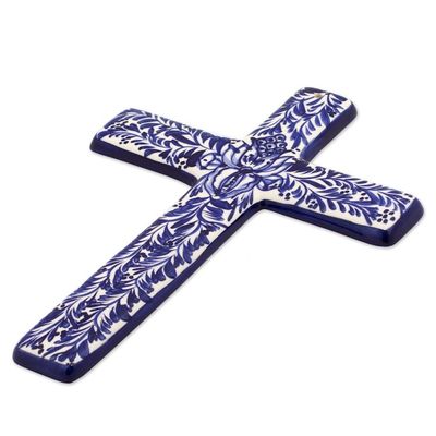Alternate image for Blue and Ivory Artisan Crafted Ceramic Mexican Wall Cross Blue Leaves