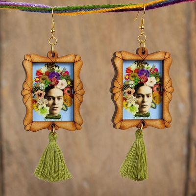 Alternate image for Handcrafted Frida Kahlo and Flowers Wood Dangle Earrings Frida Adorned