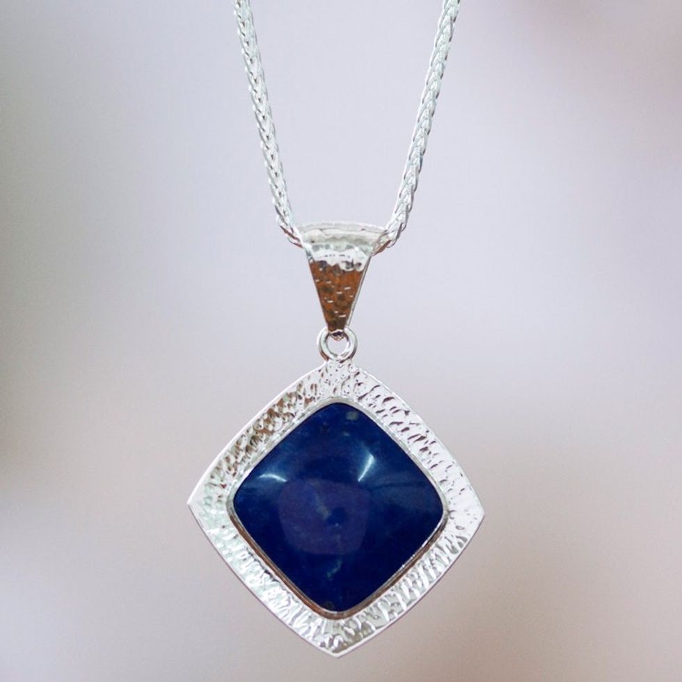 Taxco Silver Lapis Lazuli Pendant Necklace from Mexico 'Lapis Mirror'