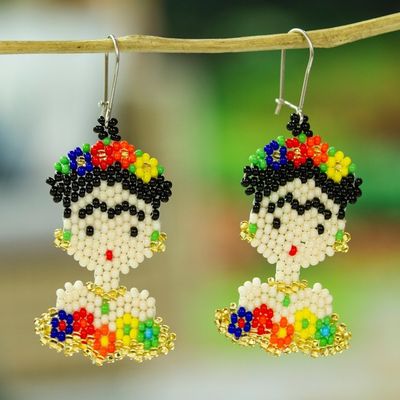 Alternate image for Frida Kahlo Glass Beaded Dangle Earrings from Mexico Golden Frida