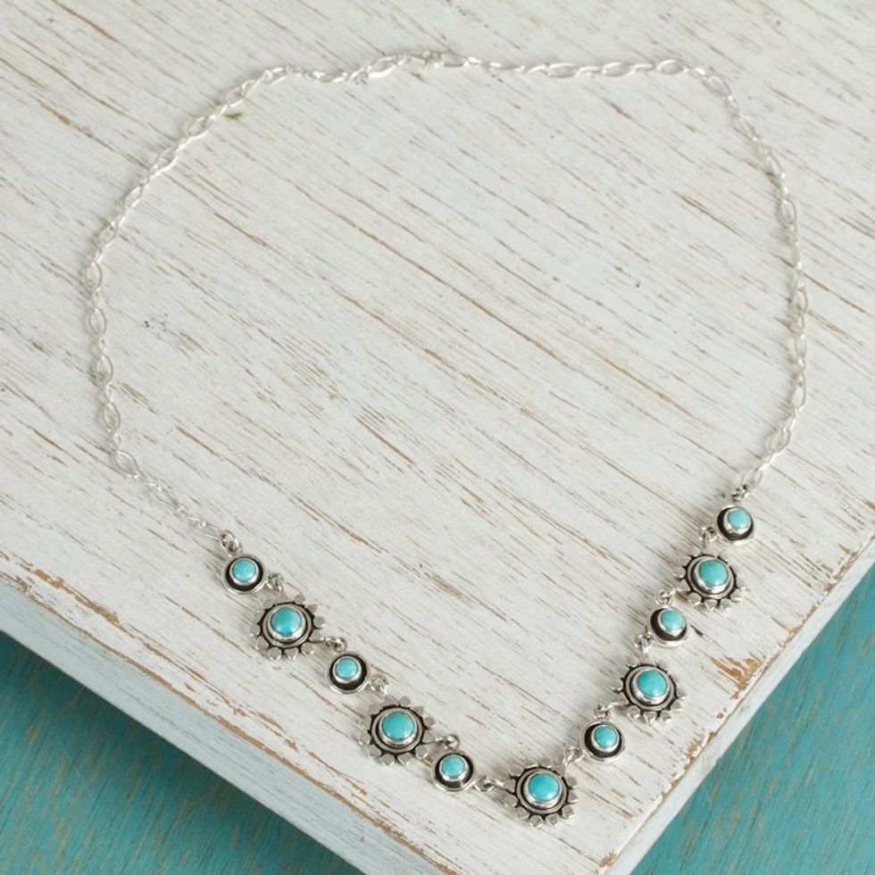 Handmade Floral Sterling Silver Natural Turquoise Necklace 'Aztec Star'