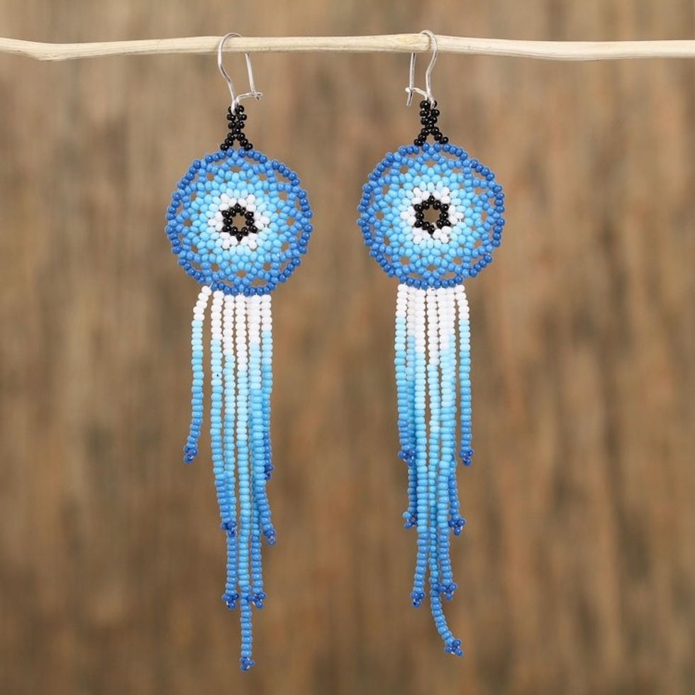 Glass Beaded Waterfall Earrings in Blue from Mexico 'Foam of the Sea'