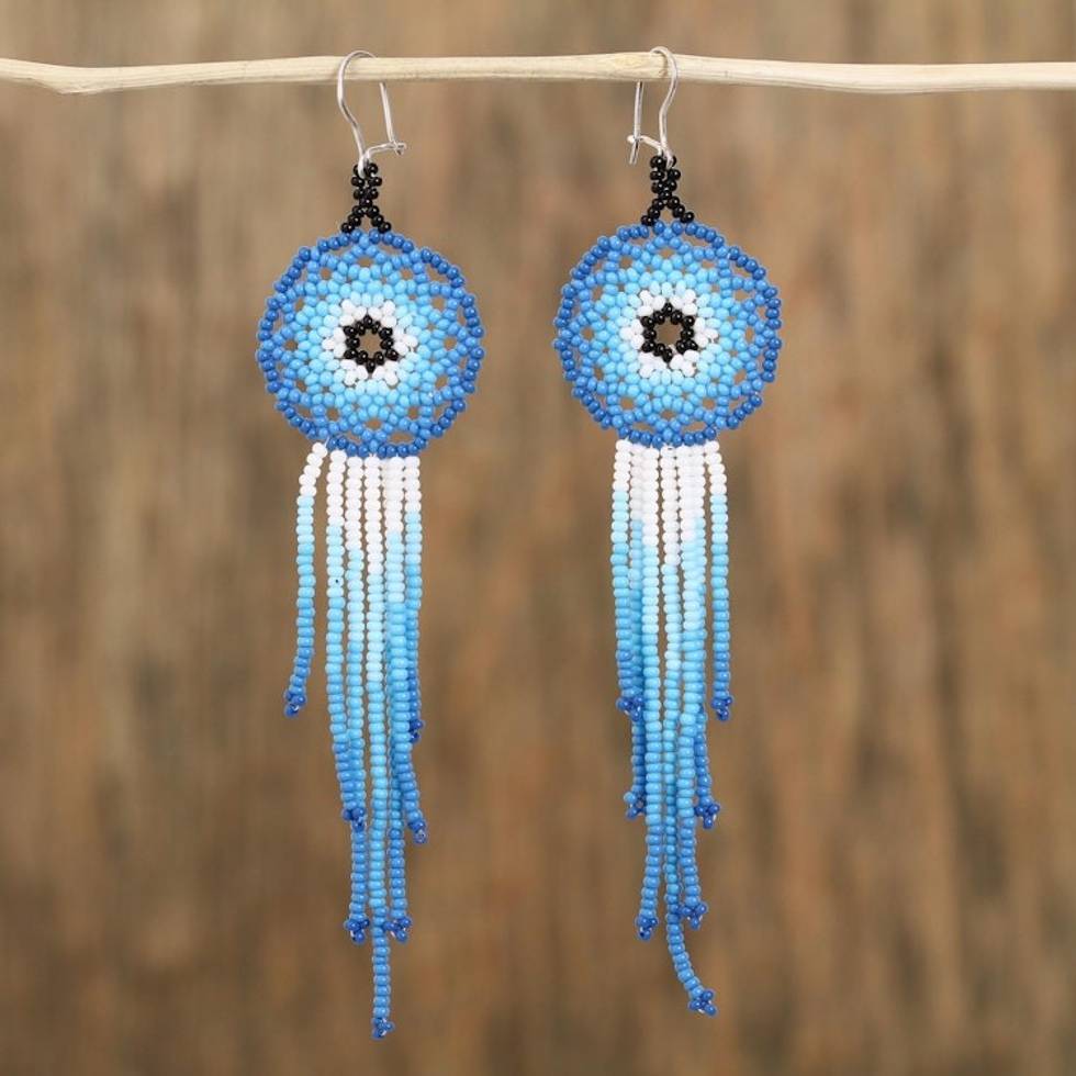 Glass Beaded Waterfall Earrings in Blue from Mexico 'Foam of the Sea'