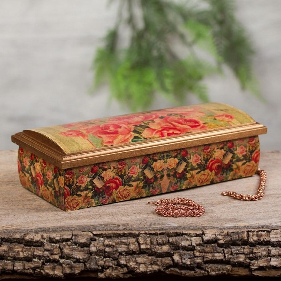 Mexico Handcrafted Floral Decoupage Jewelry Box with Mirror 'Roses'