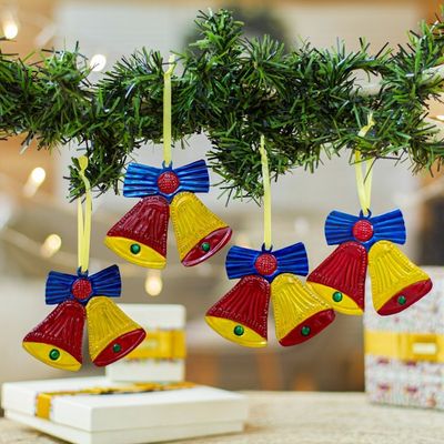 Alternate image for Tin Bell Ornaments in Red and Yellow from Mexico Set of 4 Lovely Red and Yellow Bells
