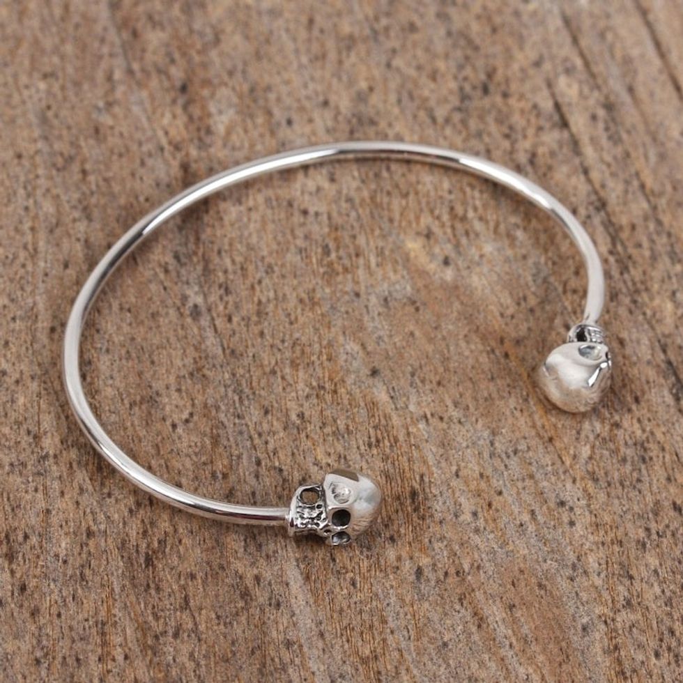 Sterling Silver Cuff Bracelet with Skulls from Mexico 'Skulls of Tradition'