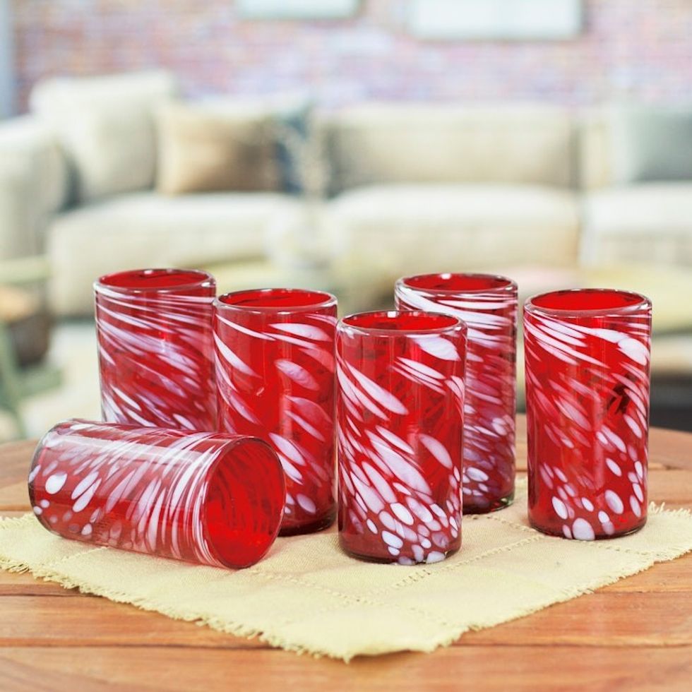 Set of 6 Red Artisan Crafted Hand Blown Glasses 'Festive Red'