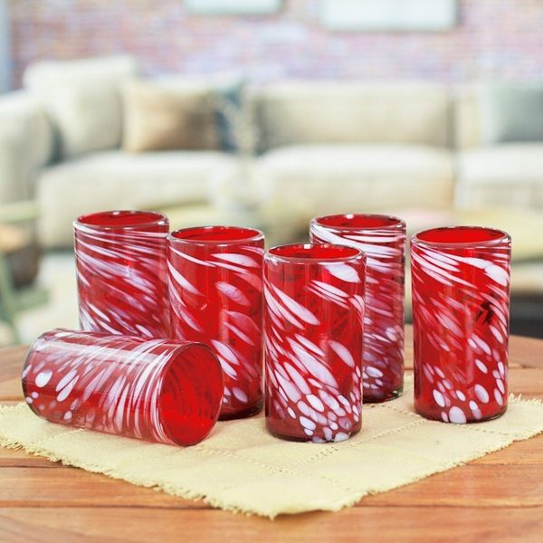 Alternate image for Set of 6 Red Artisan Crafted Hand Blown Glasses Festive Red