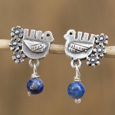 Alternate image for Floral Dove Lapis Lazuli Dangle Earrings from Mexico Lapis lazuli dangle earrings