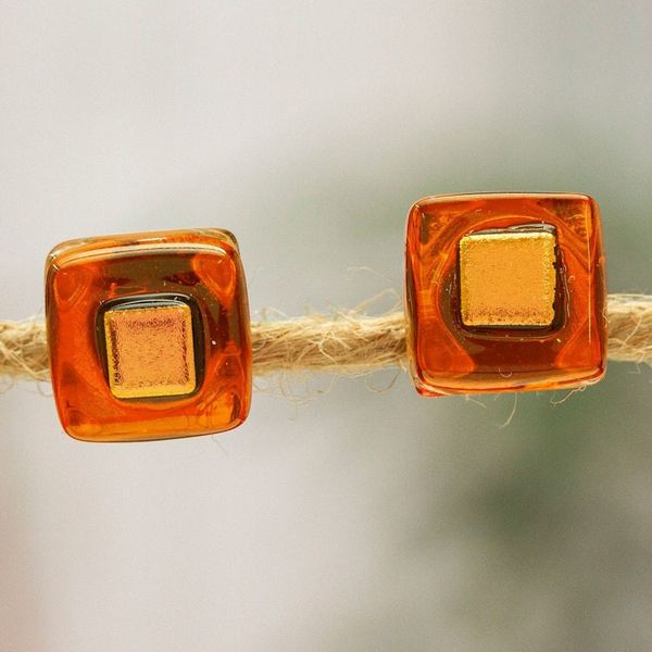 Alternate image for Orange Fused Glass Mosaic Stud Earrings Handmade in Mexico Orange Dichroic