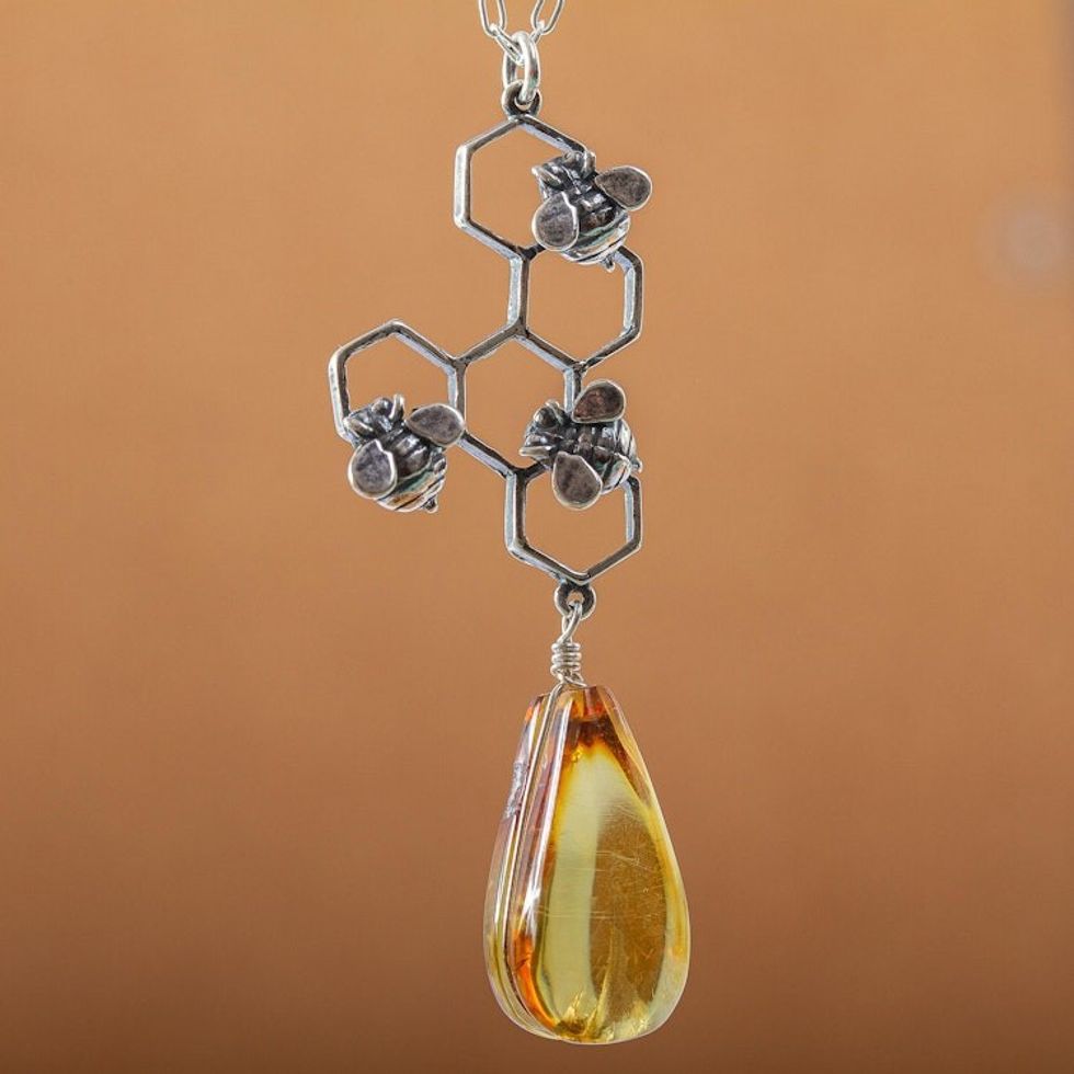 Amber and Sterling Silver Bees in Honeycomb Necklace 'Sweet Honey'