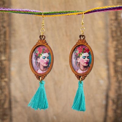Alternate image for Handcrafted Frida Kahlo Wood Dangle Earrings Aqua Tassels Brilliant Frida