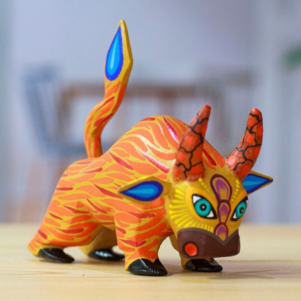 Hand-Painted Orange and Red Flaming Alebrije Bull Figurine 'Flaming Force'