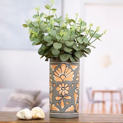 Alternate image for Handcrafted Floral Ceramic Vase in Grey and Orange Grey Salon