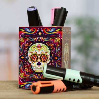 Alternate image for Pine Wood Pencil Holder with Day of the Dead Decoupage Convenient Skull