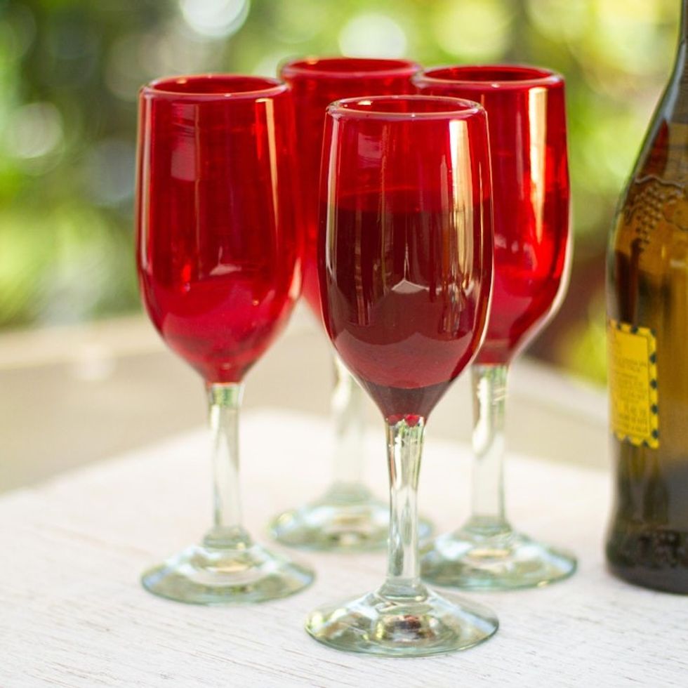 Hand Made Handblown Red Glass Champagne Flute Drinkware Set 'Festive Ruby'