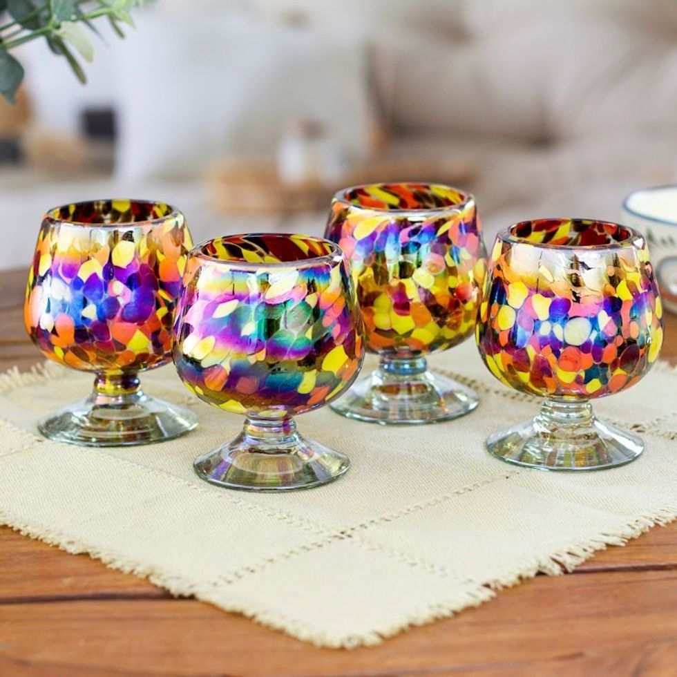 Set of 4 Multicolored Snifters Handblown from Recycled Glass 'Bright Confetti'