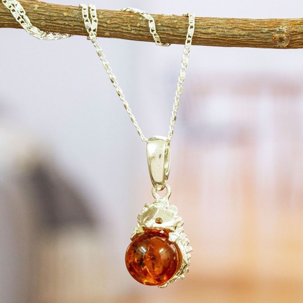 925 Sterling Silver and Amber Pendant Necklace from Mexico 'Sweet Porcupine Treasure'