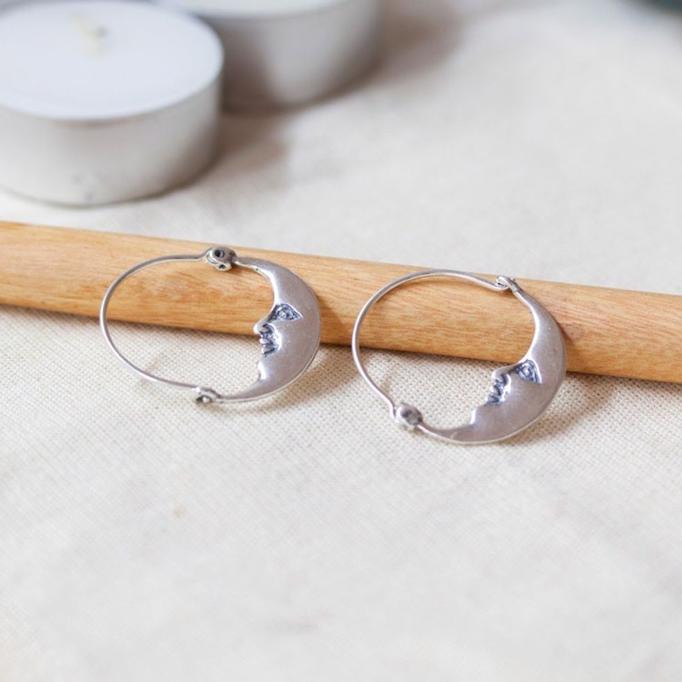 Vintage Style Handcrafted Silver Crescent Moon Hoop Earrings 'Moon at Rest'