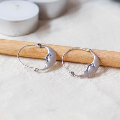 Alternate image for Vintage Style Handcrafted Silver Crescent Moon Hoop Earrings Moon at Rest