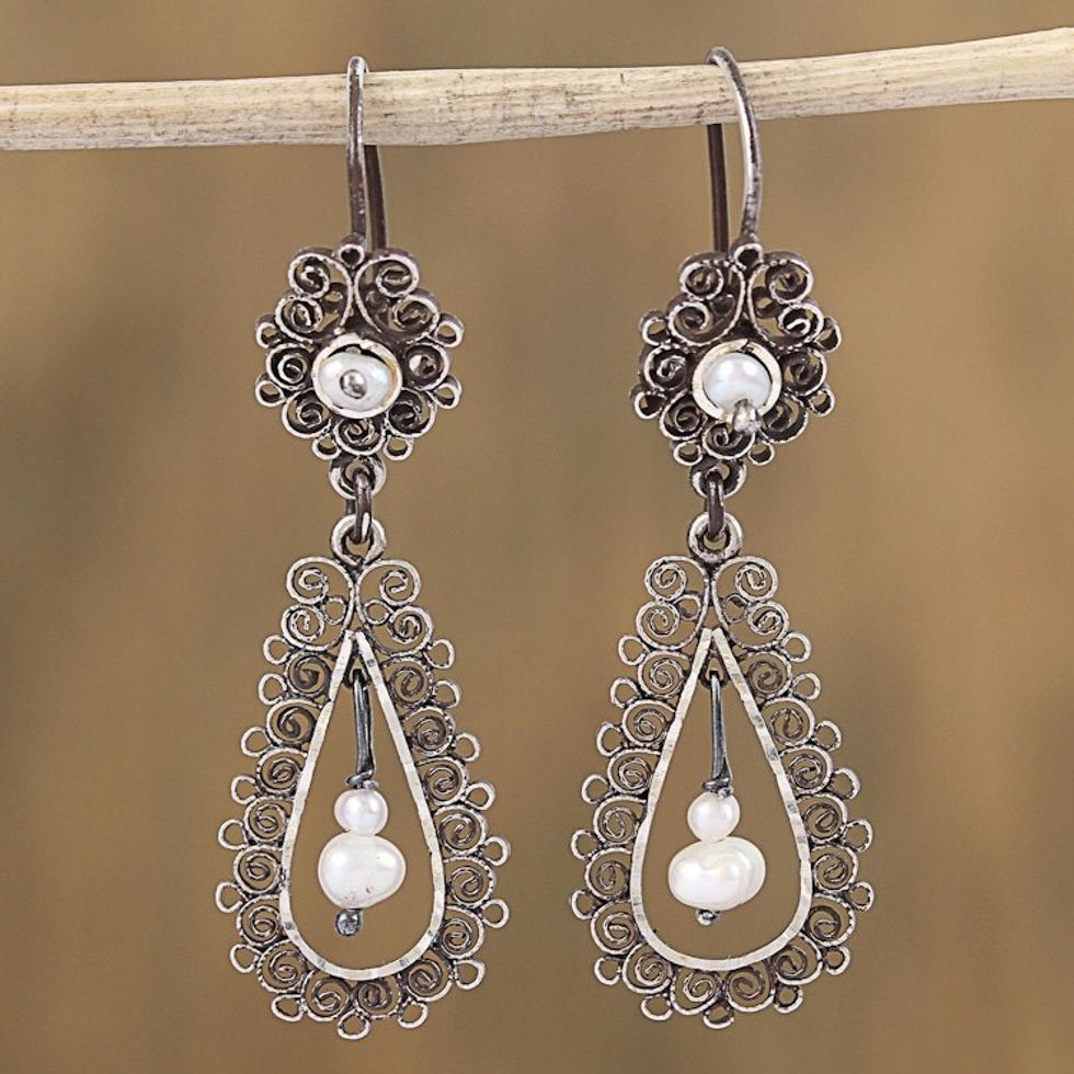 Drop-Shaped Pearl Filigree Dangle Earrings from Mexico 'Colonial Lamp'