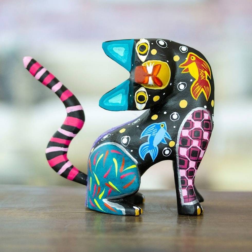 Hand-Painted Copal Wood Alebrije Cat Figurine in Black 'Nocturnal Feline Questions'