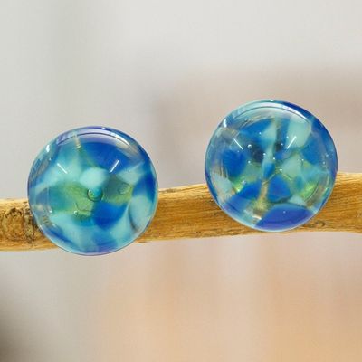 Alternate image for Blue Fused Glass Mosaic Button Earrings from Mexico Blue Textures