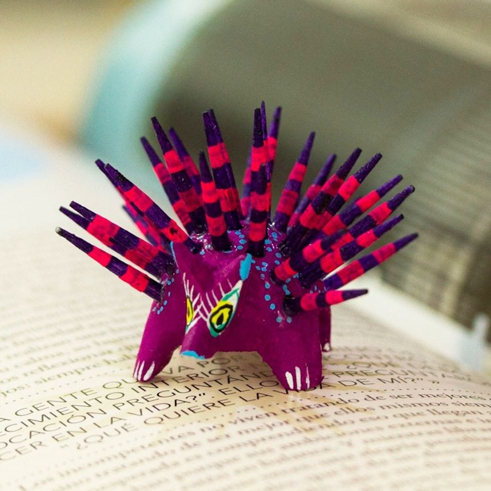 Hand-Painted Wood Alebrije Porcupine Figurine in Purple 'Cute Porcupine in Purple'