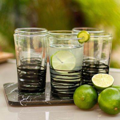 Primary image for Set of 6 Hand Blown Black Spiral Glass Tumblers from Mexico Ebony Spin
