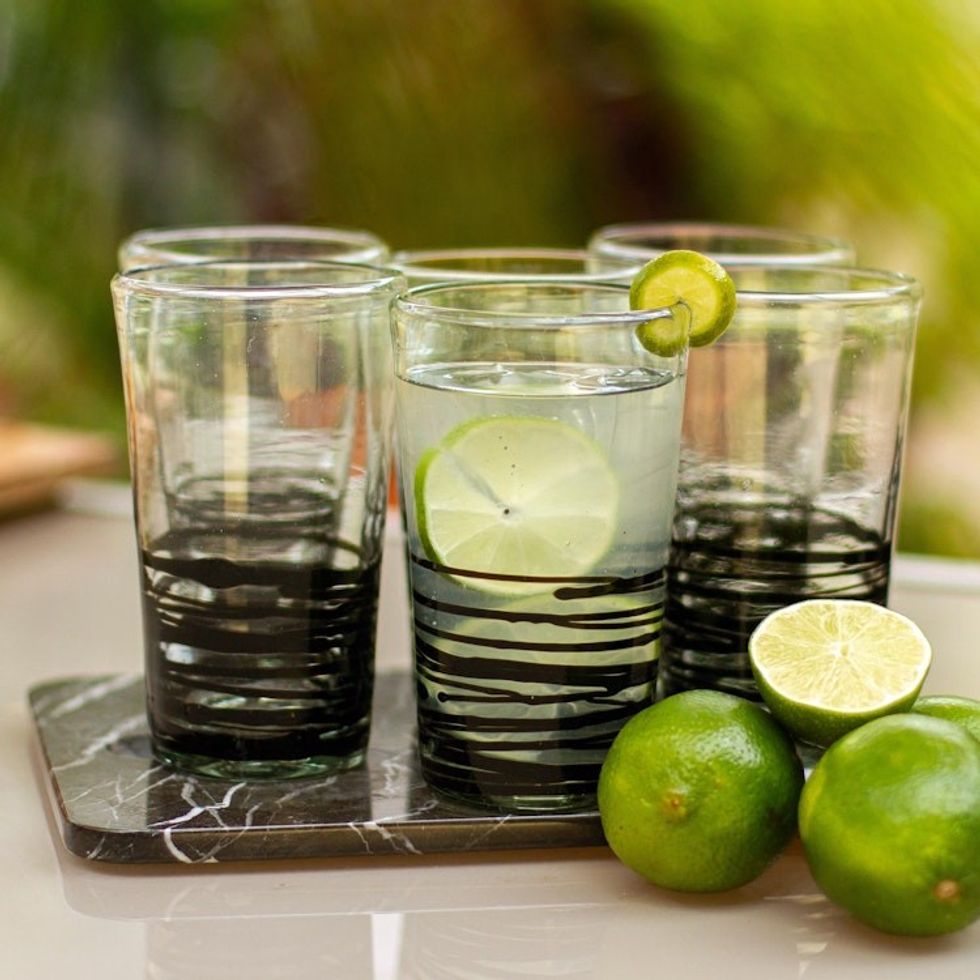 Set of 6 Hand Blown Black Spiral Glass Tumblers from Mexico 'Ebony Spin'
