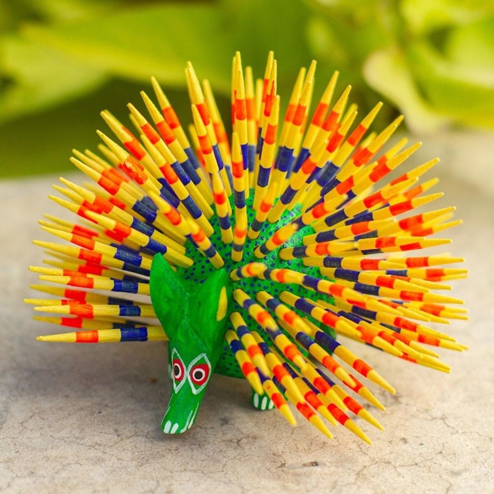 Yellow and Green Copal Wood Alebrije Porcupine Sculpture 'Cute Porcupine'